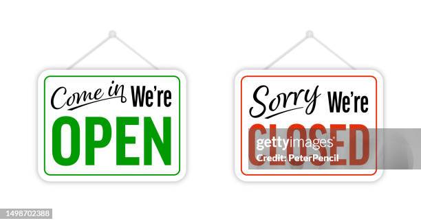 come in we are open and sorry we are closed door signboard vector set - vintage open sign stock illustrations