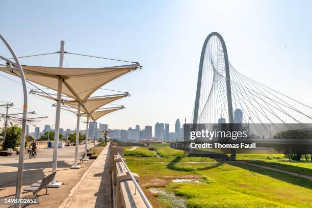 ronald kirk pedestrian bridge and margaret hunt hill bridge in dallas - dallas margaret hunt hill bridge stock pictures, royalty-free photos & images