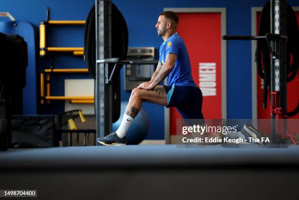 Kyle Walker of England trains in the gym at St Georges Park on June 15, 2023 in Burton-upon-Trent, England.