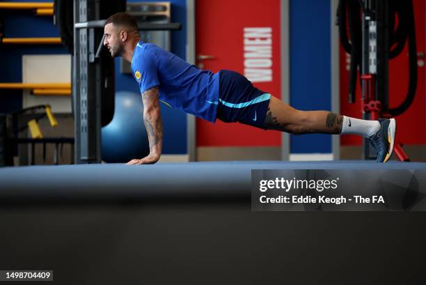 Kyle Walker of England trains in the gym at St Georges Park on June 15, 2023 in Burton-upon-Trent, England.