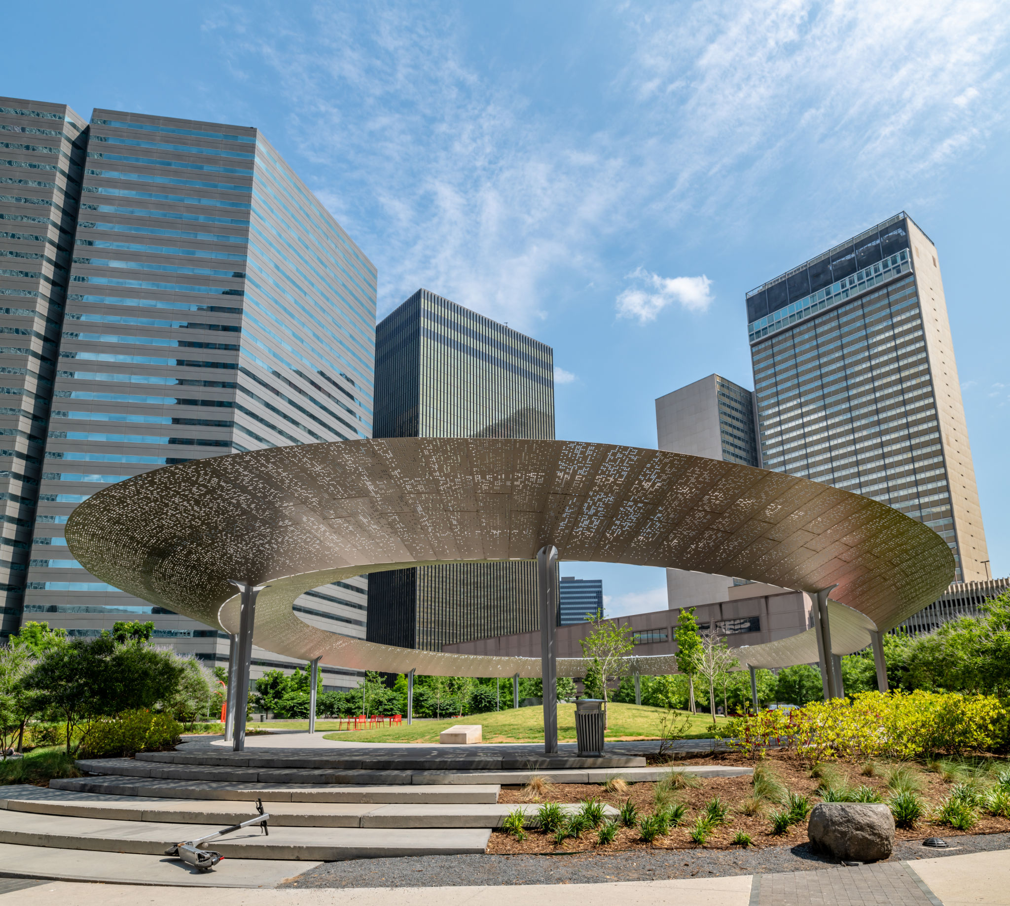 Circular sun shade at Pacific Plaza in Dallas Circular sun shade at Pacific Plaza in Dallas