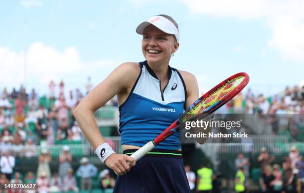 Harriet Dart of Great Britain celebrates after beating Anhelina Kalinina of Ukraine during the Rothesay Open at Nottingham Tennis Centre on June 15,...