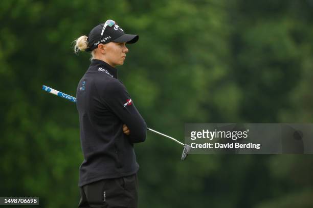 Madelene Sagstrom of Sweden waits to putt on the first green during the first round of the Meijer LPGA Classic for Simply Give at Blythefield Country...