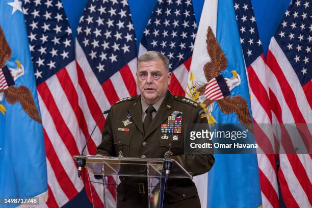 General Mark Alexander Milley, 20th Chairman of the Joint Chiefs of Staff holds a press conference at NATO headquarters on the first day of the NATO...