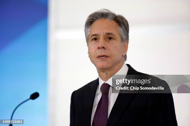 Secretary of State Antony Blinken delivers remarks during an event honoring the 2023 Trafficking in Persons Heroes at the Harry S. Truman department...