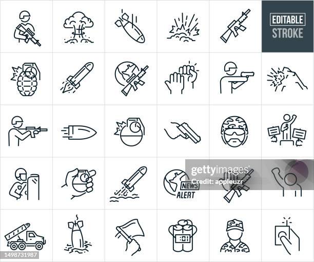 war, fighting, soldiers and warfare thin line icons - editable stroke - gun icon stock illustrations