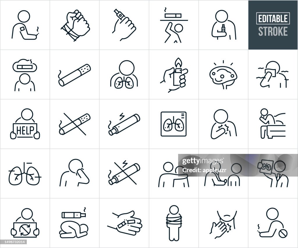 Smoking Addiction, Cigarettes, Vaping, E-cigarettes And Quitting Smoking Thin Line Icons - Editable Stroke