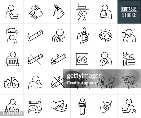 Smoking Addiction, Cigarettes, Vaping, E-cigarettes And Quitting Smoking Thin Line Icons - Editable Stroke Smoking Addiction, Cigarettes, Vaping, E-cigarettes And Quitting Smoking Thin Line Icons - Editable Stroke