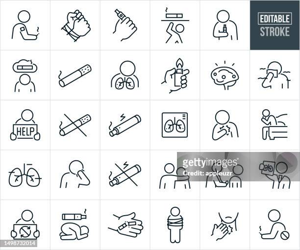 smoking addiction, cigarettes, vaping, e-cigarettes and quitting smoking thin line icons - editable stroke - no smoking sign stock illustrations