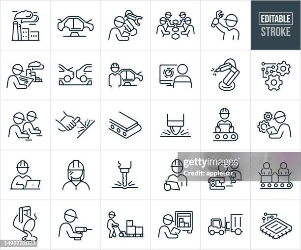 bildbanksillustrationer, clip art samt tecknat material och ikoner med manufacturing thin line icons - editable stroke - blue collar industry