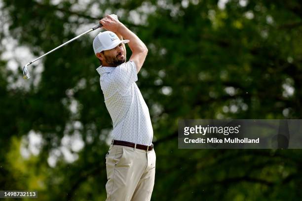 Kyle Stanley of the United States hits a tee shot on the fifth hole during the first round of the Blue Cross and Blue Shield of Kansas Wichita Open...