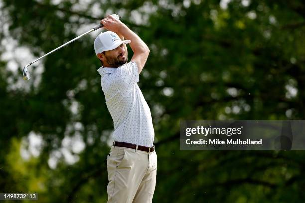 Kyle Stanley of the United States hits a tee shot on the fifth hole during the first round of the Blue Cross and Blue Shield of Kansas Wichita Open...