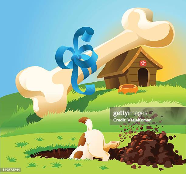 dog and his birthday present - burying stock illustrations