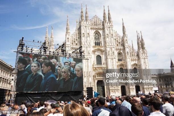 The state funeral of the Italian politician and businessman Silvio Berlusconi in the Duomo. In the photo, the big screen to follow the ceremony from...