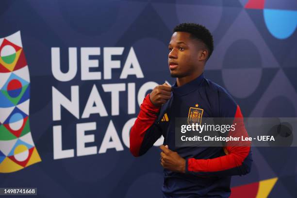 Ansu Fati of Spain arrives at the stadium prior to the UEFA Nations League 2022/23 semi-final match between Spain and Italy at FC Twente Stadium on...