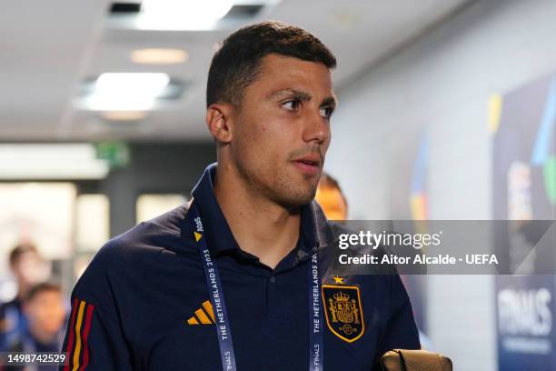 Rodri of Spain arrives at the stadium prior to the UEFA Nations League 2022/23 semi-final match between Spain and Italy at FC Twente Stadium on June...