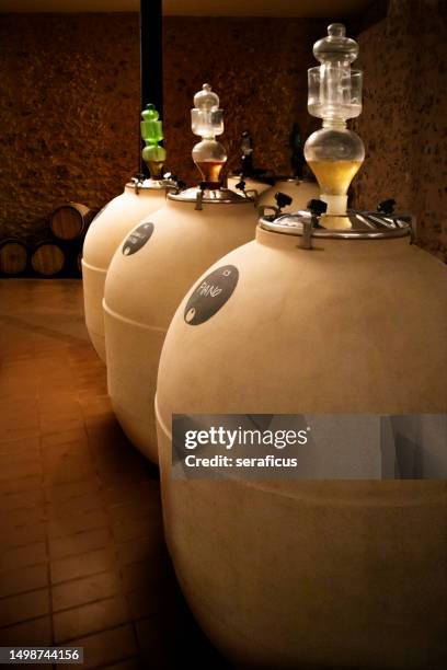 vieillissement du vin dans des amphores modernes en argile dans une cave à vin - amphore photos et images de collection