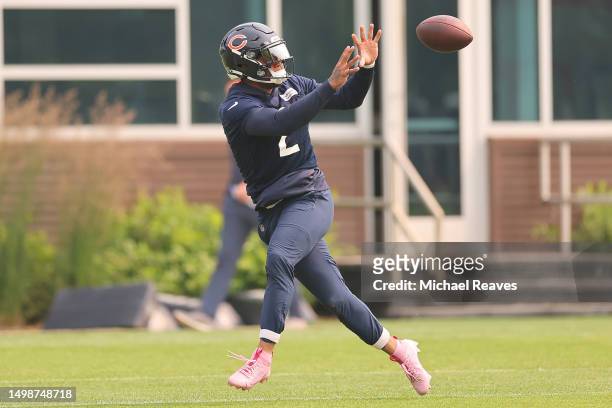 Moore of the Chicago Bears catches a pass during minicamp at Halas Hall on June 15, 2023 in Lake Forest, Illinois.