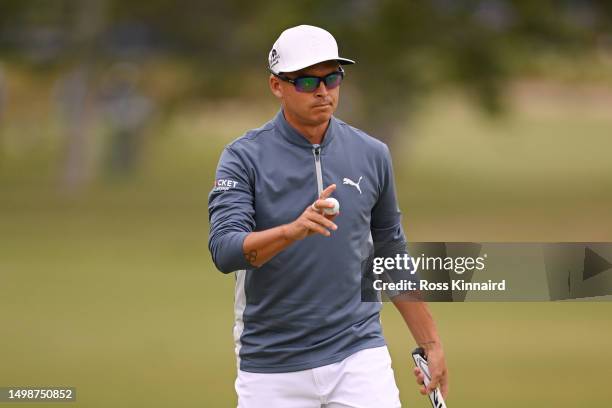 Rickie Fowler of the United States reacts to his putt on the second green during the first round of the 123rd U.S. Open Championship at The Los...