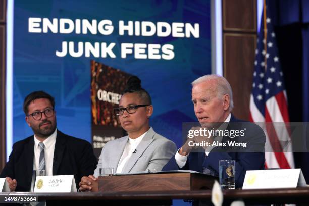 President Joe Biden delivers remarks on protecting consumers from hidden junk fees as CEO of xBk Tobi Parks and CEO of DICE Phil Hutcheon listen...