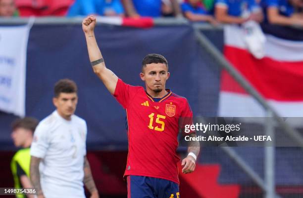 Yeremy Pino of Spain celebrates after scoring the team's first goal during the UEFA Nations League 2022/23 semi-final match between Spain and Italy...