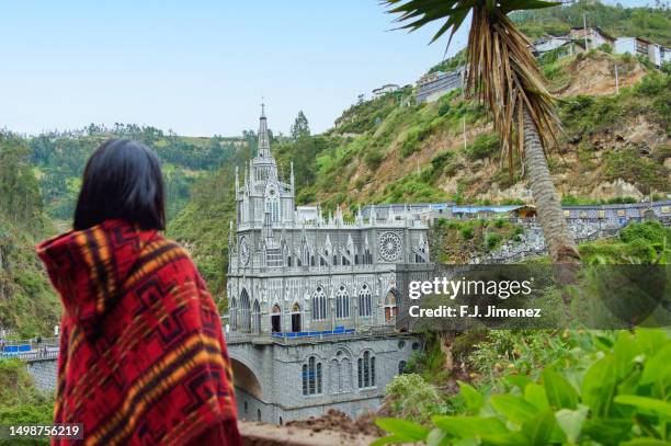 las lajas church landscape with woman looking up at her - pasto stock pictures, royalty-free photos & images