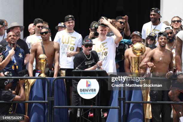 Head coach Michael Malone speaks during the Denver Nuggets victory parade and rally after winning the 2023 NBA Championship at Civic Center Park on...