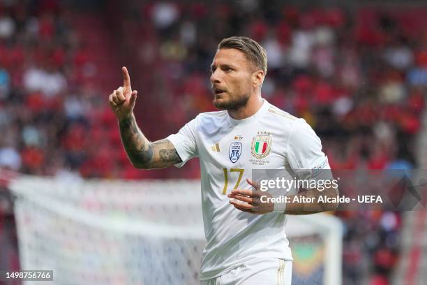 Ciro Immobile of Italy celebrates after scoring the team's first goal from a penalty kick during the UEFA Nations League 2022/23 semi-final match...