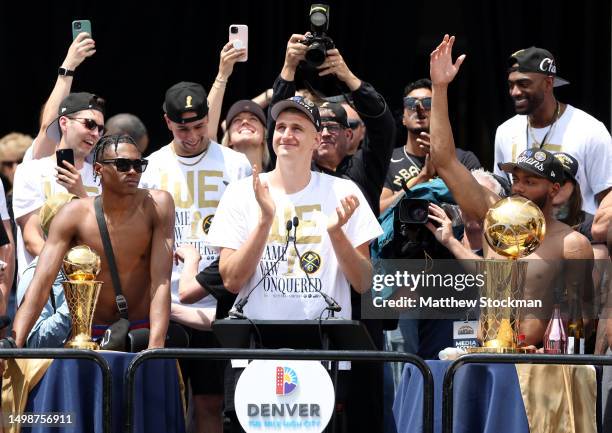 Nikola Jokic speaks during the Denver Nuggets victory parade and rally after winning the 2023 NBA Championship at Civic Center Park on June 15, 2023...