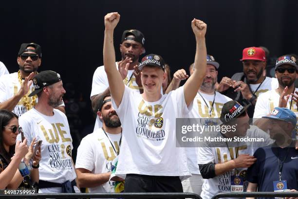 Nikola Jokic speaks during the Denver Nuggets victory parade and rally after winning the 2023 NBA Championship at Civic Center Park on June 15, 2023...