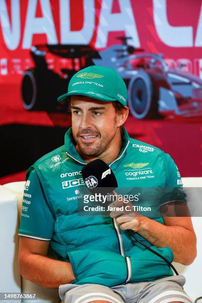 Fernando Alonso of Spain and Aston Martin F1 Team attends the Drivers Press Conference during previews ahead of the F1 Grand Prix of Canada at...
