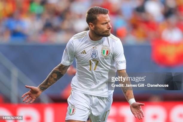 Ciro Immobile of Italy celebrates after scoring his side's first goal during the UEFA Nations League 2022/23 semifinal match between Spain and Italy...