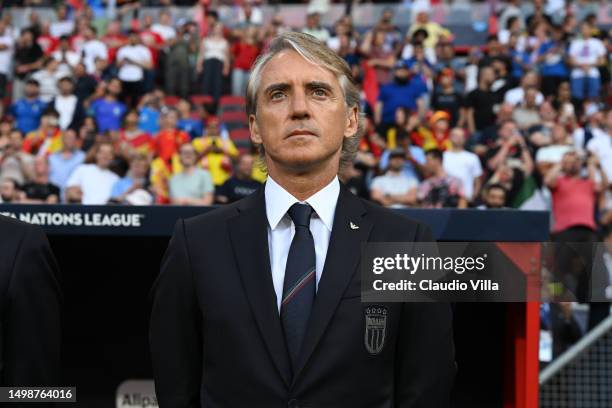 Head coach of Italy Roberto Mancini attends before the UEFA Nations League 2022/23 semifinal match between Spain and Italy at FC Twente Stadium on...