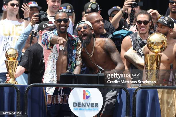 Kentavious Caldwell-Pope and Jeff Green speak during the Denver Nuggets victory parade and rally after winning the 2023 NBA Championship at Civic...