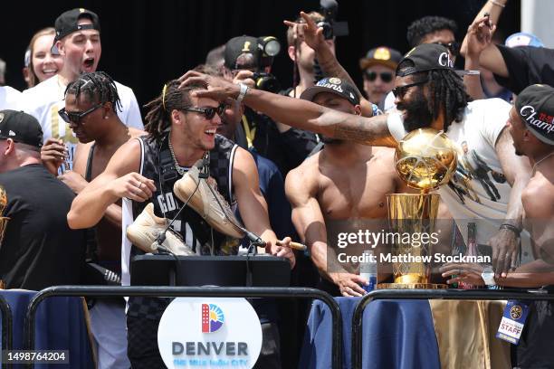 Aaron Gordon and DeAndre Jordan speak during the Denver Nuggets victory parade and rally after winning the 2023 NBA Championship at Civic Center Park...