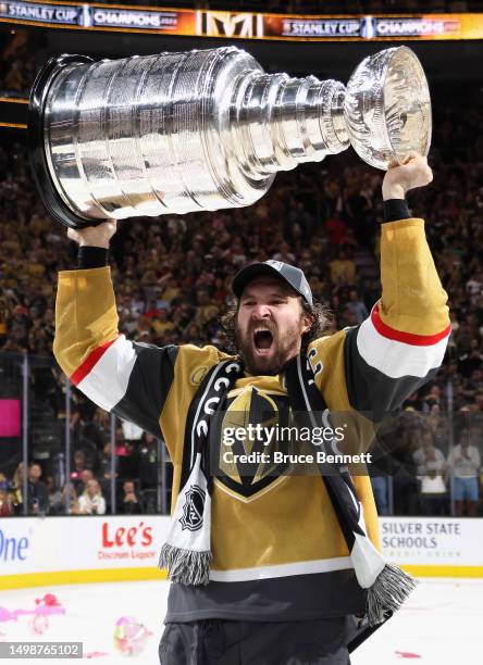 Mark Stone of the Vegas Golden Knights celebrates the Stanley Cup victory over the Florida Panthers in Game Five of the 2023 NHL Stanley Cup Final at...