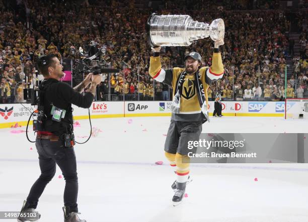 Mark Stone of the Vegas Golden Knights celebrates the Stanley Cup victory over the Florida Panthers in Game Five of the 2023 NHL Stanley Cup Final at...