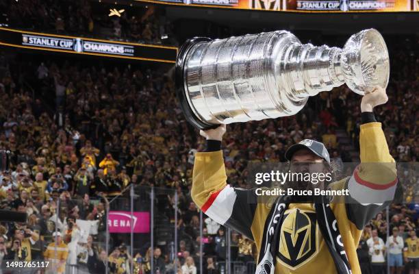 Mark Stone of the Vegas Golden Knights celebrates the Stanley Cup victory over the Florida Panthers in Game Five of the 2023 NHL Stanley Cup Final at...
