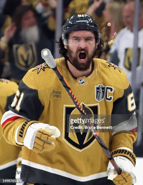 Mark Stone of the Vegas Golden Knights celebrates his first period goal against the Florida Panthers in Game Five of the 2023 NHL Stanley Cup Final...