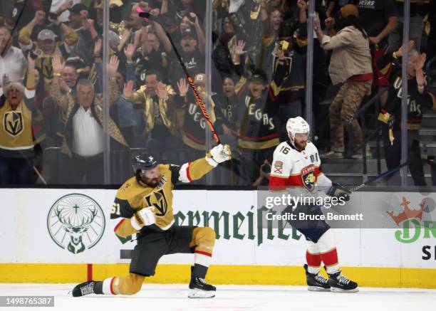 Mark Stone of the Vegas Golden Knights celebrates his first period goal against the Florida Panthers in Game Five of the 2023 NHL Stanley Cup Final...