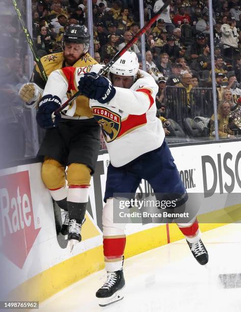 Jonathan Marchessault of the Vegas Golden Knights is checked by Marc Staal of the Florida Panthers in Game Five of the 2023 NHL Stanley Cup Final at...