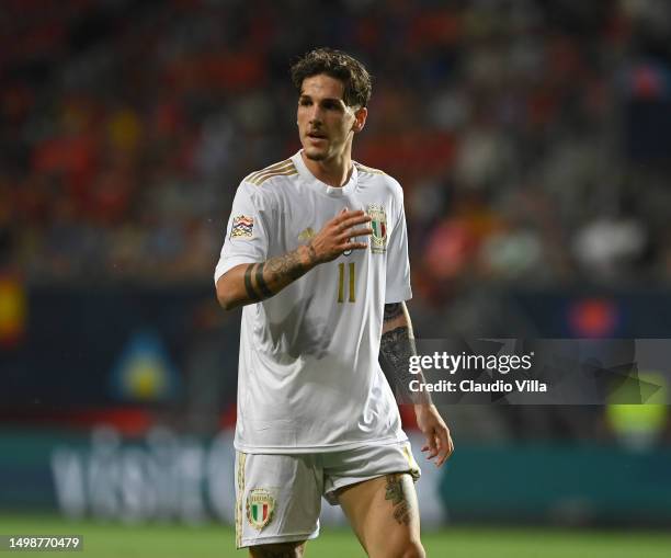 Nicolo Zaniolo of Italy in action during the UEFA Nations League 2022/23 semifinal match between Spain and Italy at FC Twente Stadium on June 15,...