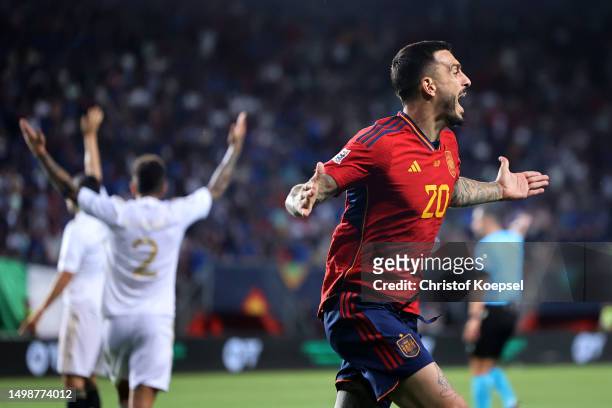 Joselu of Spain celebrates after scoring the team's second goal during the UEFA Nations League 2022/23 semi-final match between Spain and Italy at FC...