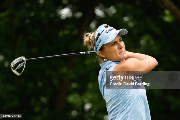 Lexi Thompson of the United States hits a tee shot on the tenth hole during the first round of the Meijer LPGA Classic for Simply Give at Blythefield...