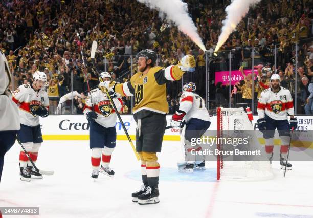 Jack Eichel of the Vegas Golden Knights celebrates a team goal against the Florida Panthers in Game Five of the 2023 NHL Stanley Cup Final at...