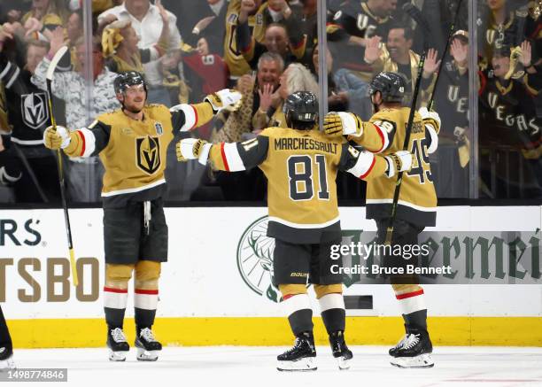 Jack Eichel of the Vegas Golden Knights celebrates a team goal against the Florida Panthers in Game Five of the 2023 NHL Stanley Cup Final at...