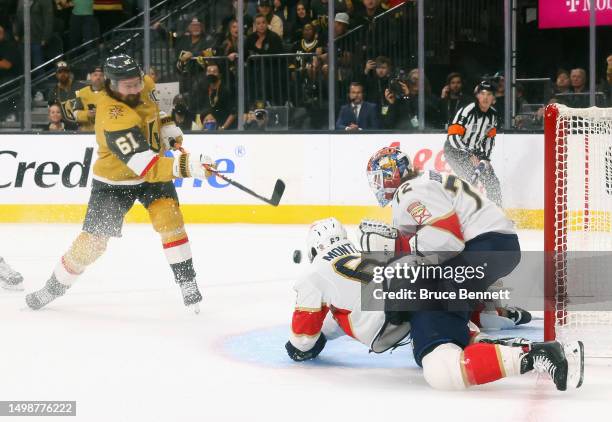 Mark Stone of the Vegas Golden Knights takes the shit against Sergei Bobrovsky of the Florida Panthers in Game Five of the 2023 NHL Stanley Cup Final...