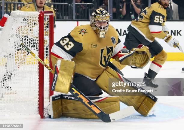 Adin Hill of the Vegas Golden Knights tends net against the Florida Panthers in Game Five of the 2023 NHL Stanley Cup Final at T-Mobile Arena on June...