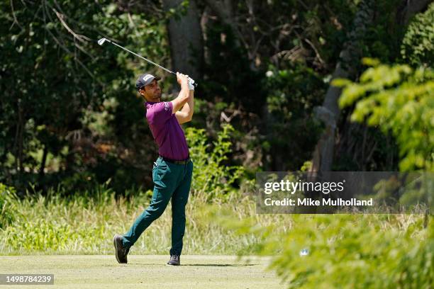 Alan Wagner of Argentina hits a tee shot on the 12th hole during the first round of the Blue Cross and Blue Shield of Kansas Wichita Open at...