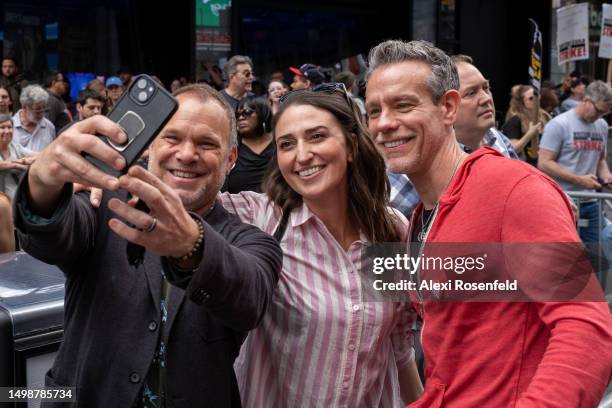 Norbert Leo Butz takes a selfie with Sara Bareilles and Adam Pascal at the 'Broadway Day Rally' hosted by the Writers Guild of America East in Times...